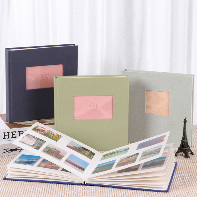 Álbum de fotos de bricolaje cubierta de tela de lino de tela colorida con ventana delantera 6x4 slip para boda baby familiar álbum